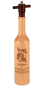 Cherry Wine Bottle Shaped Peppermills with imprinted "Pepper" design